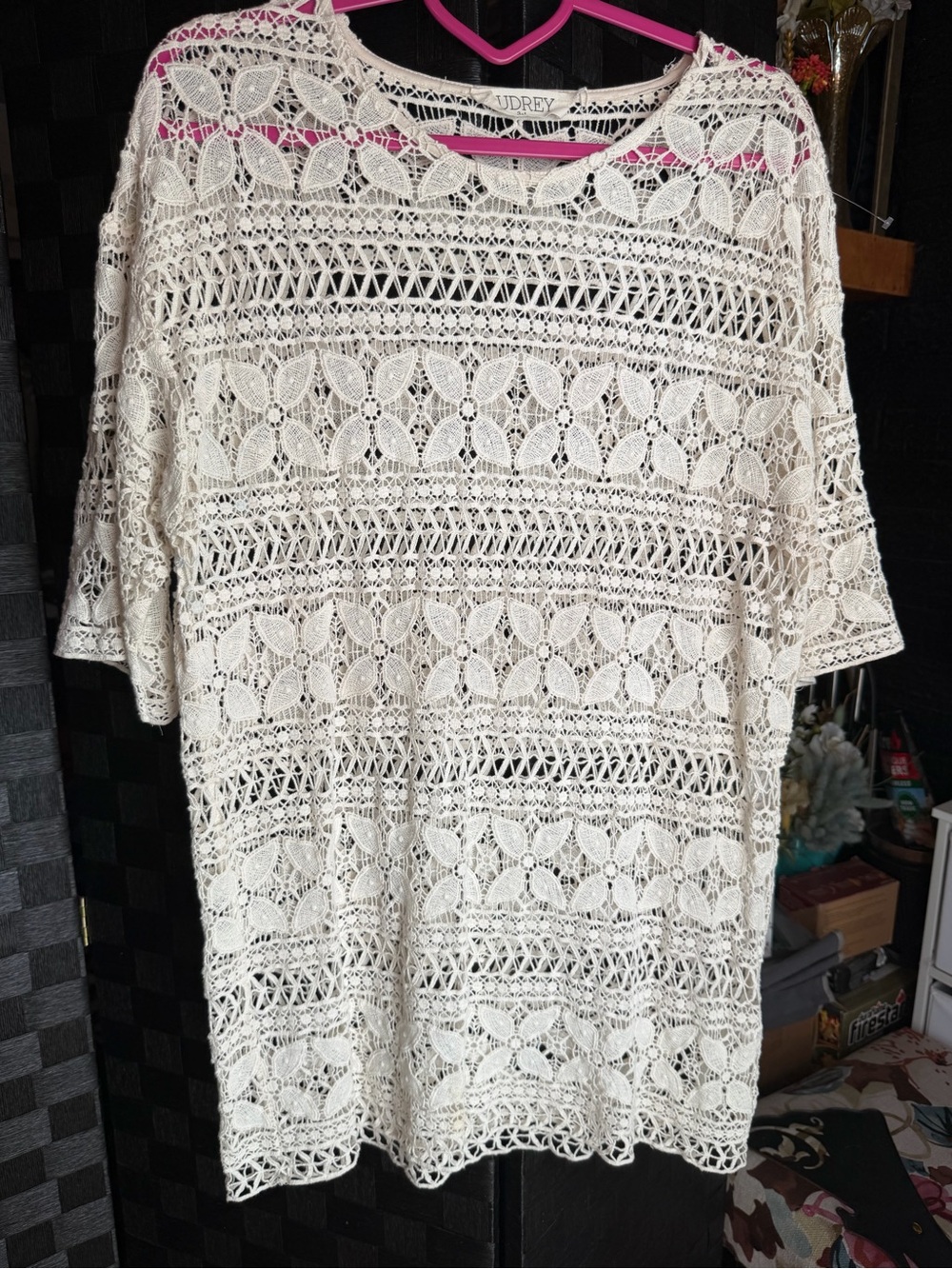audrey 3+1 Cream Crochet Openwork Tunic Top